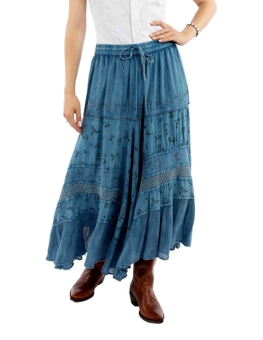 Scully Women's Western Rose Print Rayon Long Skirt - Blue