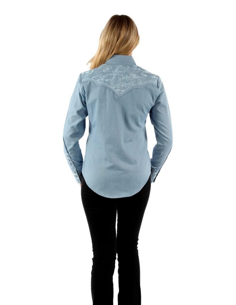 Scully Western Shirt Women's Floral Tooled Embroidered Blouse - Light Blue