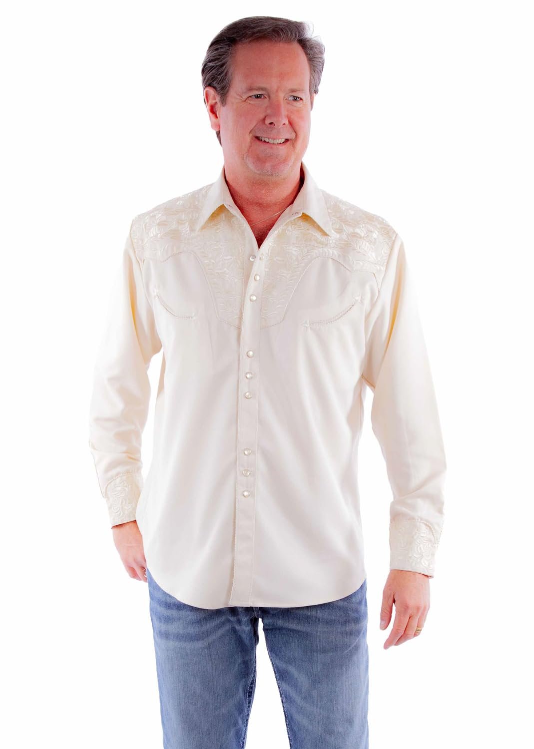 Scully Western Men's Floral Tooled Embroidered Snap Front Shirt - Ivory