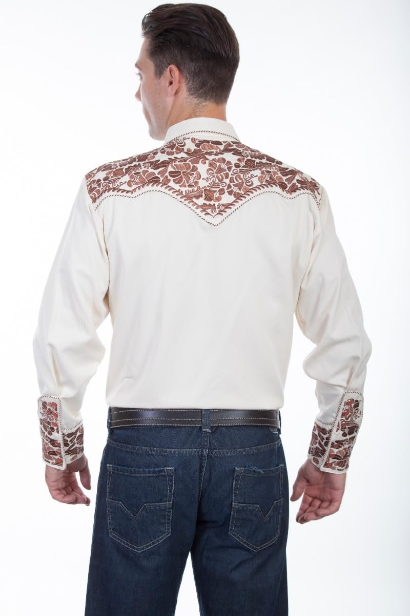 Scully Western Men's Floral Tooled Embroidered Snap Front Shirt - Natural