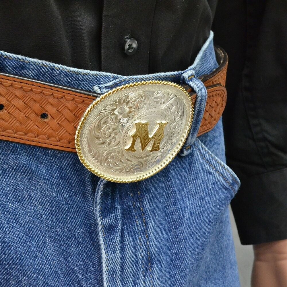 Montana Silversmiths Initial M Silver Engraved Gold Trim Western Belt Buckle