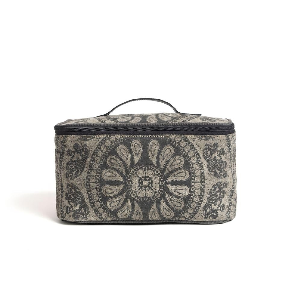 Myra Bag Women's Makeup Bag Upcycled Western Canvas Leather Cosmetic Gray New