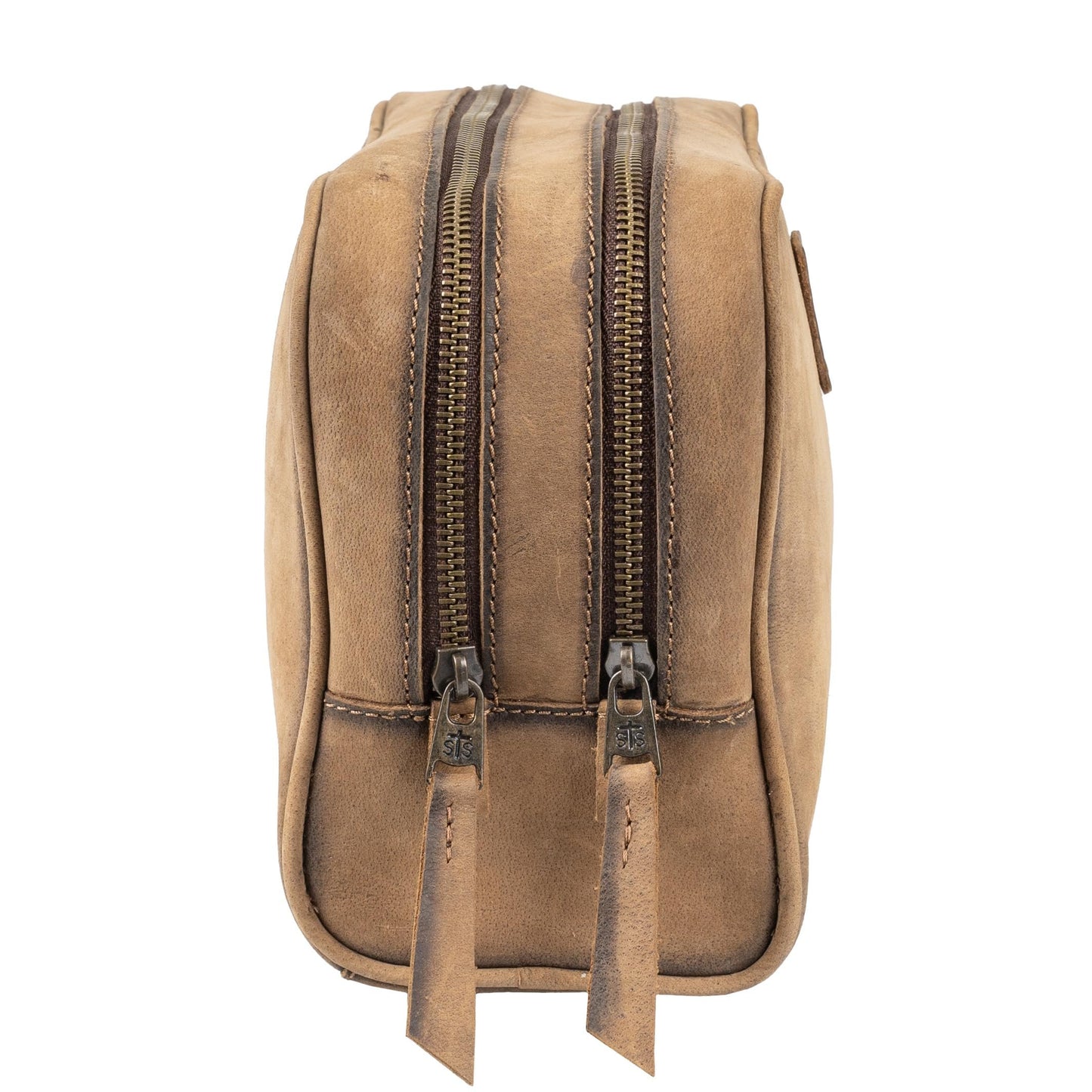 STS Ranchwear Men's Foreman Full-Grain Leather Toiletry Travel Shave Kit with Double Zip Closure, STS-31392, Veg-Tan