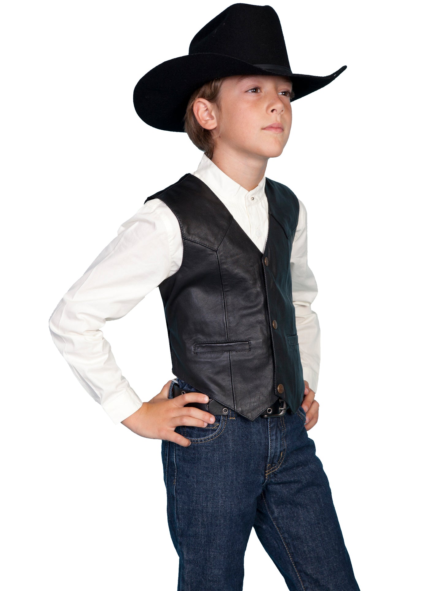 Boy standing in in black vest