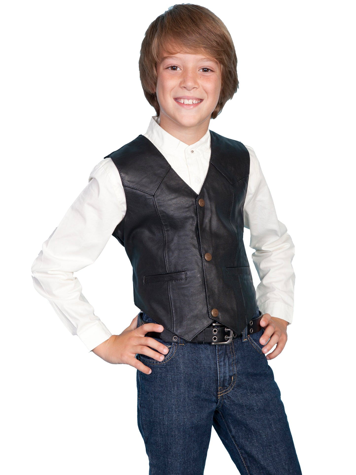 Boy standing in in black vest
