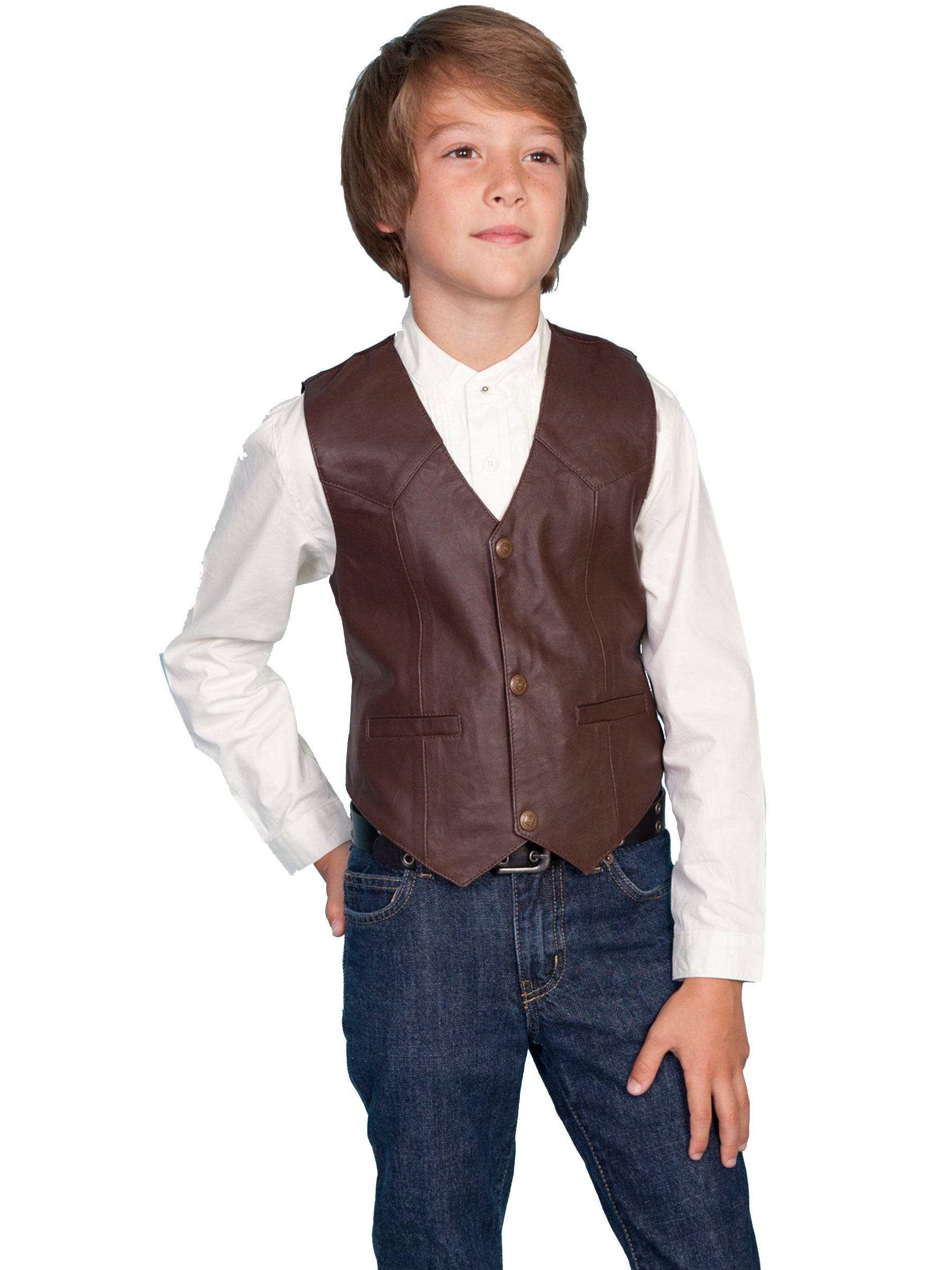 Boy standing in in brown vest