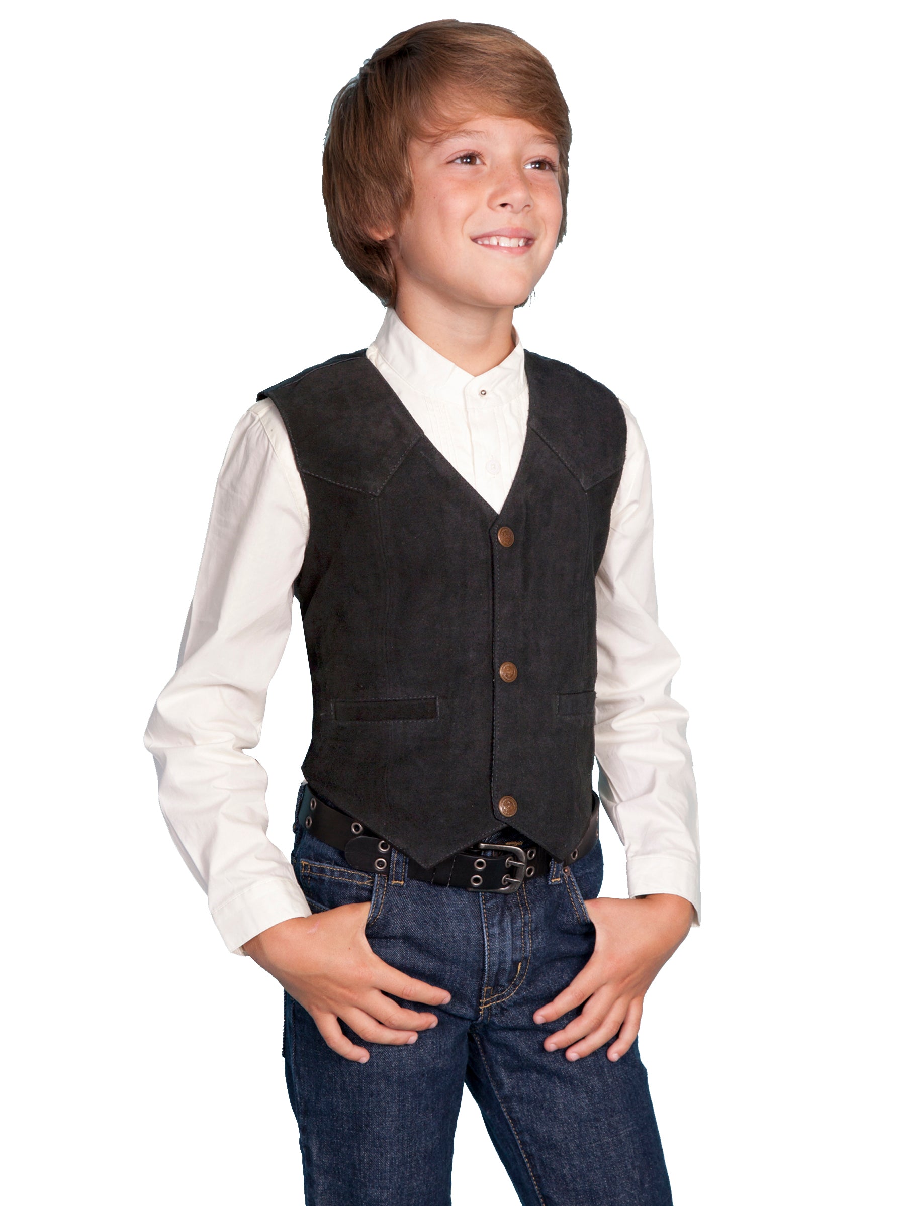 Boy standing in in black vest
