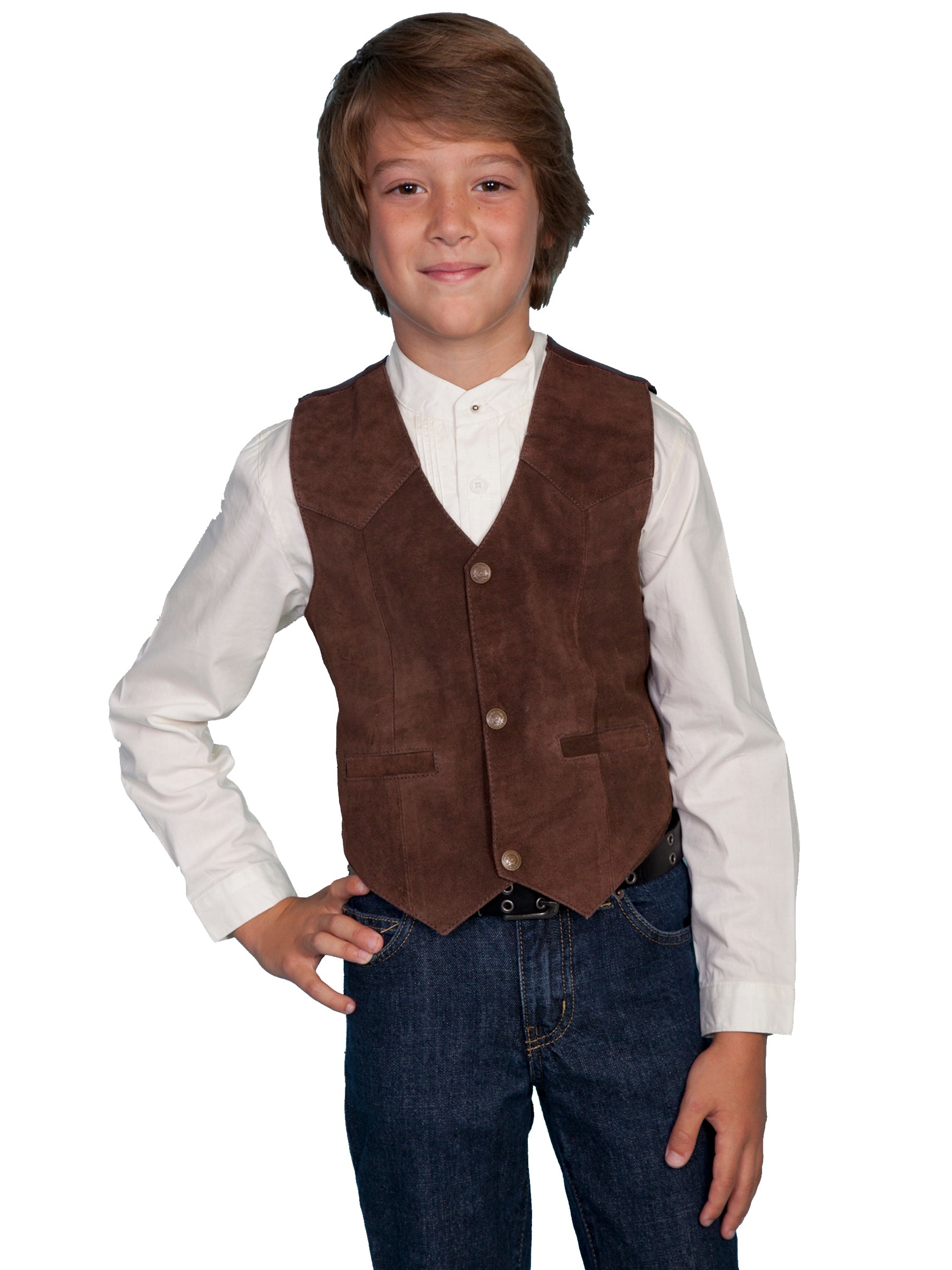 Boy standing in in brown vest