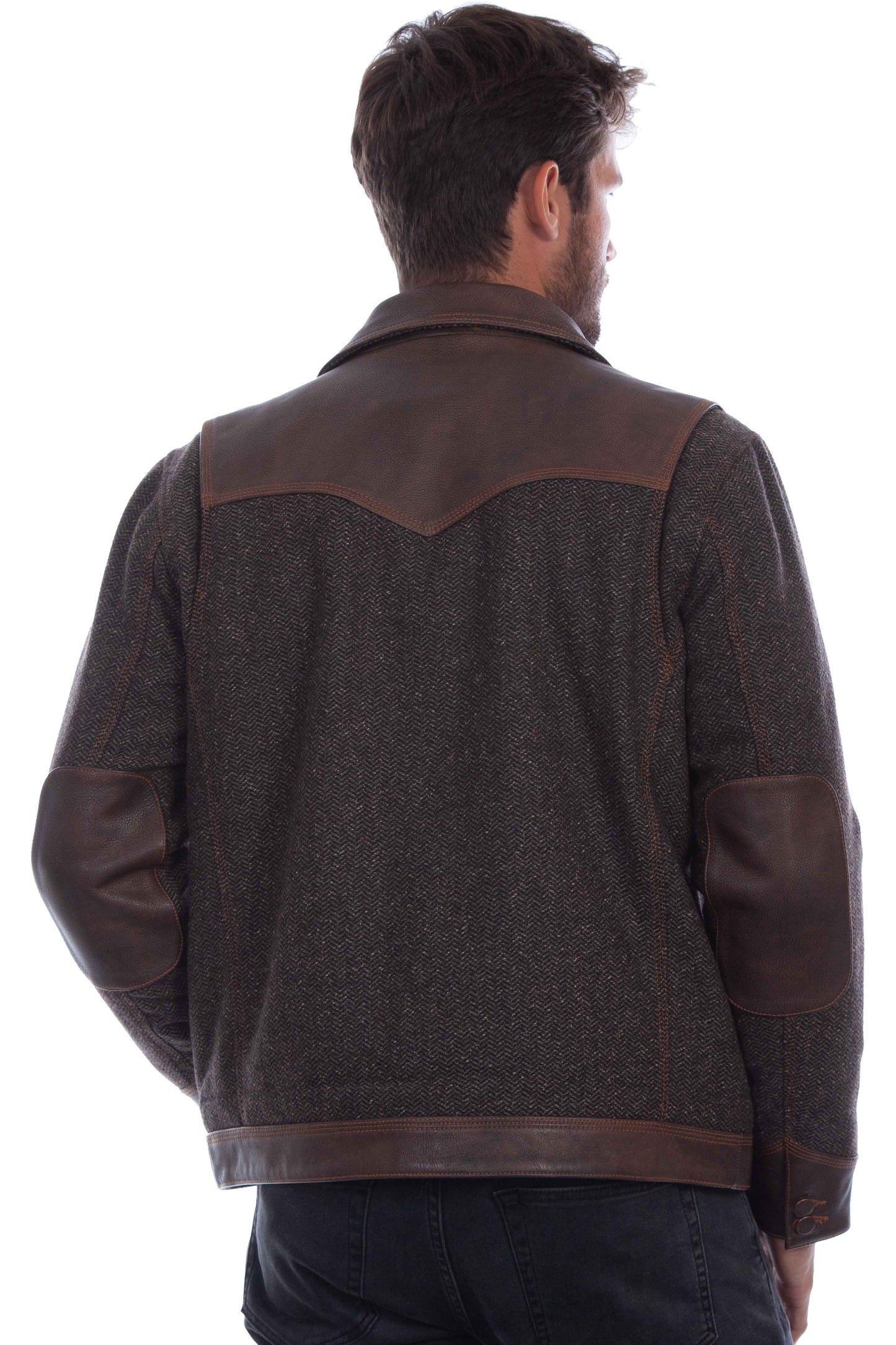 Scully Men's Herringbone Leather Trim Button Front Jacket in Vintage Brown