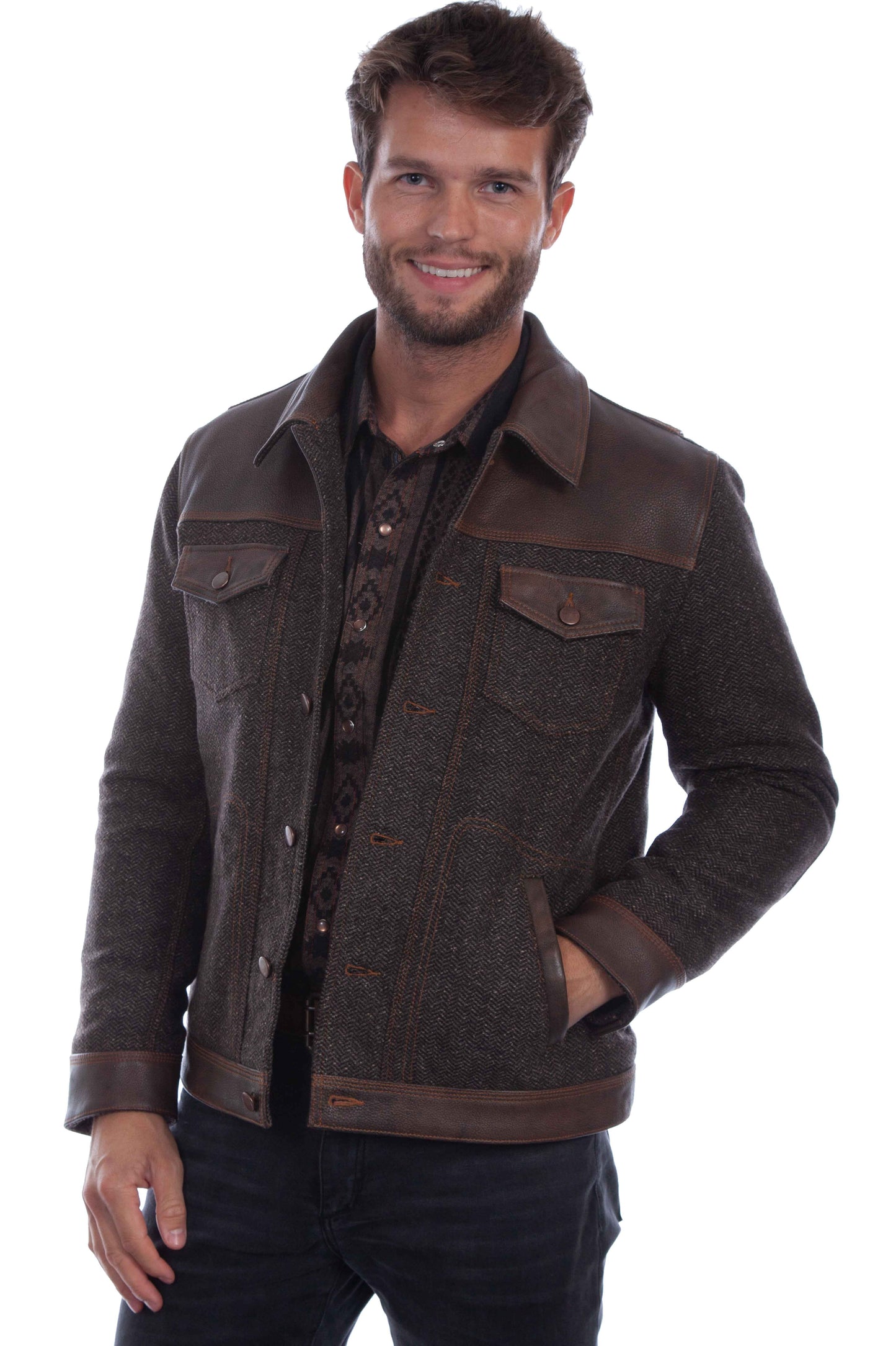 Scully Men's Herringbone Leather Trim Button Front Jacket in Vintage Brown