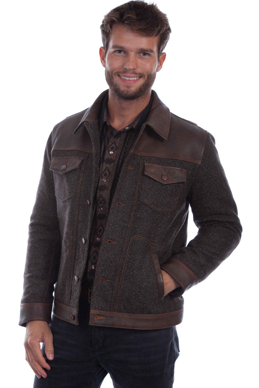 Scully Men's Herringbone Leather Trim Button Front Jacket in Vintage Brown