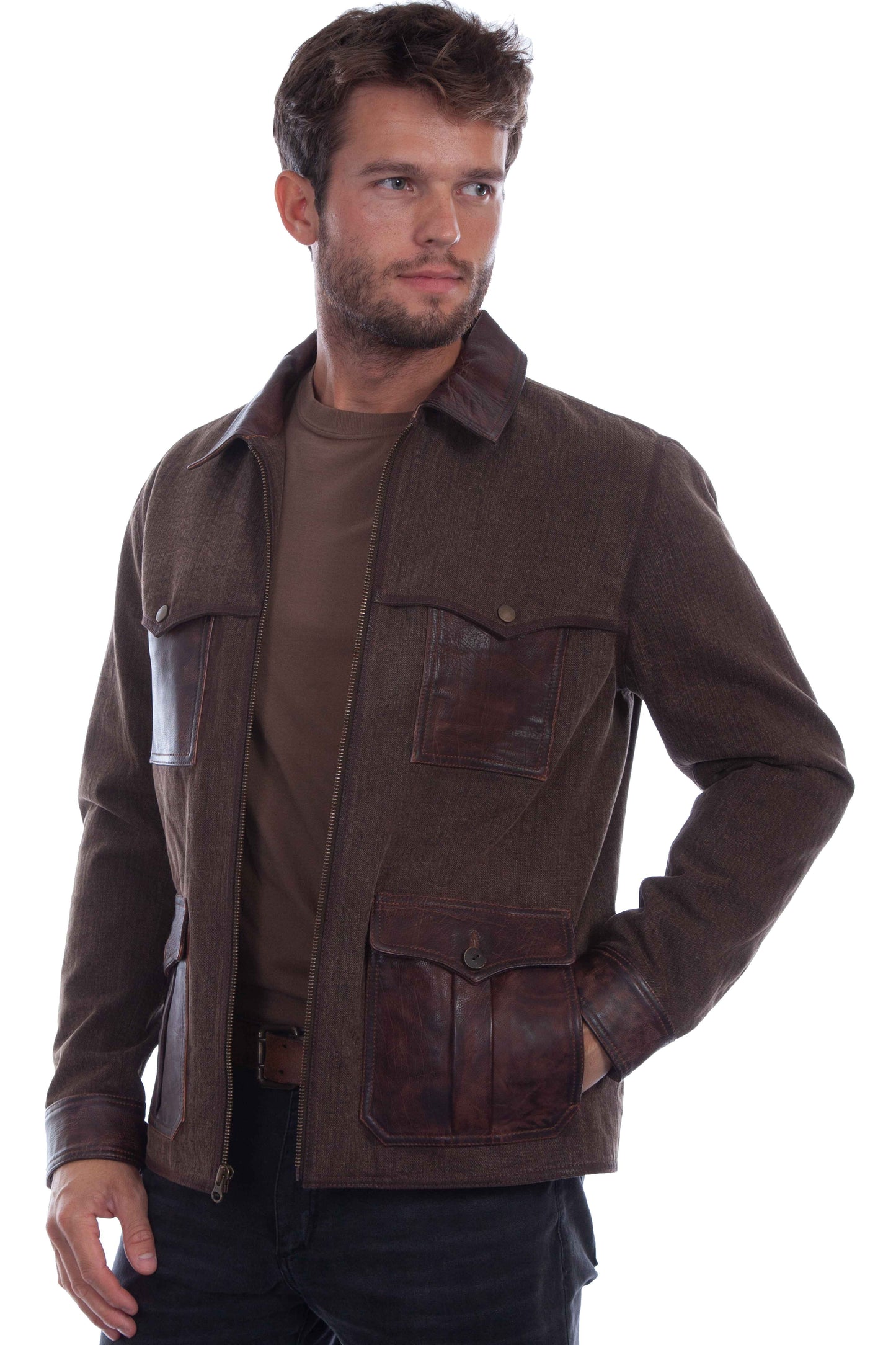 Scully Men's Canvas Leather Trim Zip Front Jacket in Brown