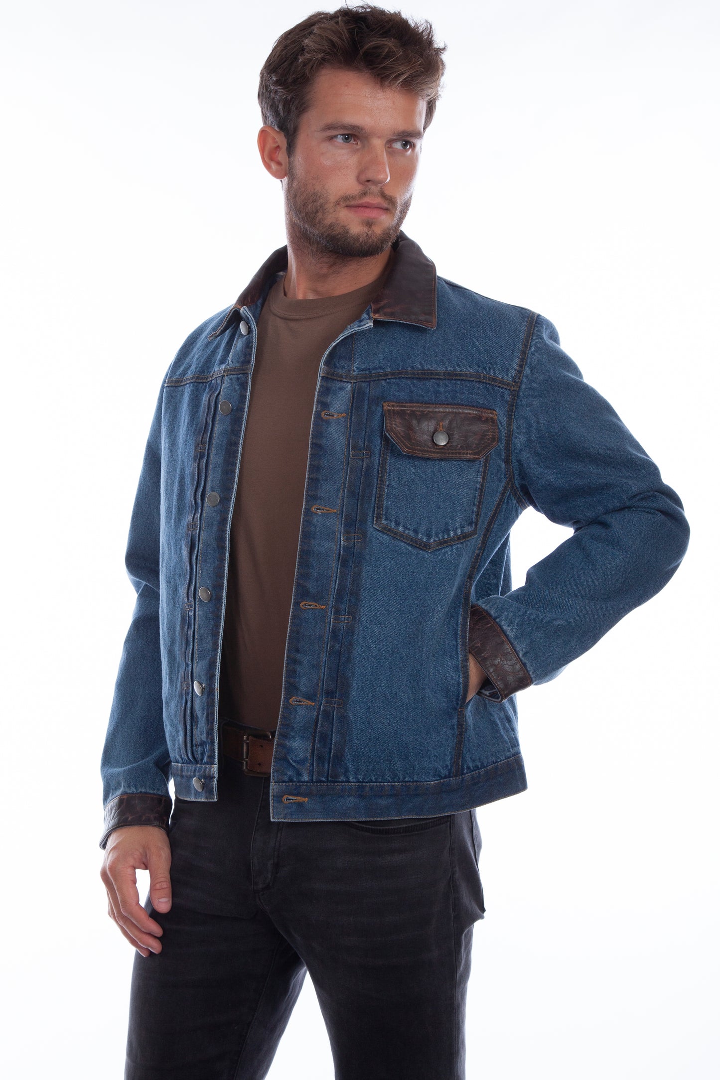 Scully Western Men's Jean Leather Trim Button Jacket in Denim