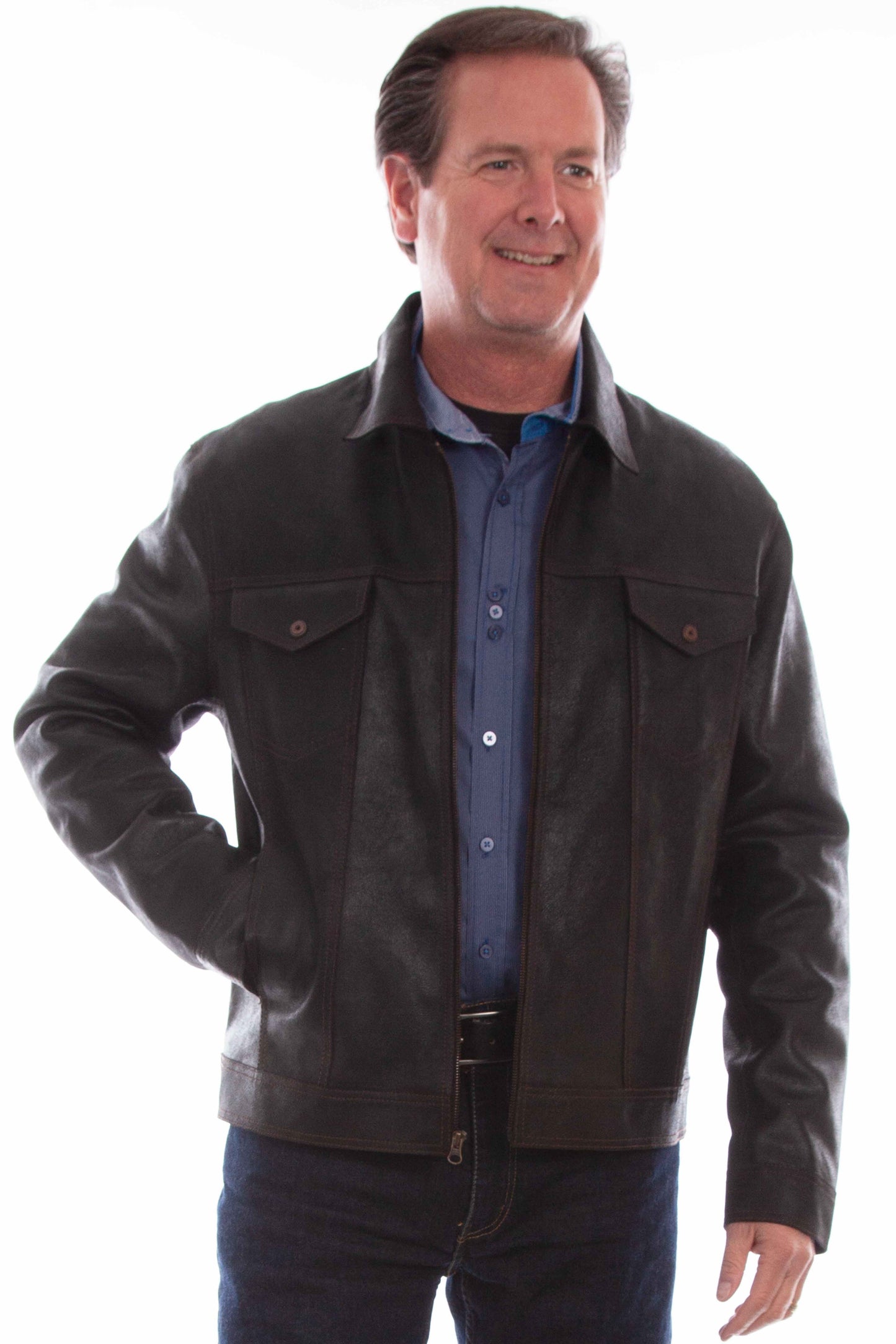 Scully Men's Solid Zip Front Lightweight Leather Jacket in Vintage Black