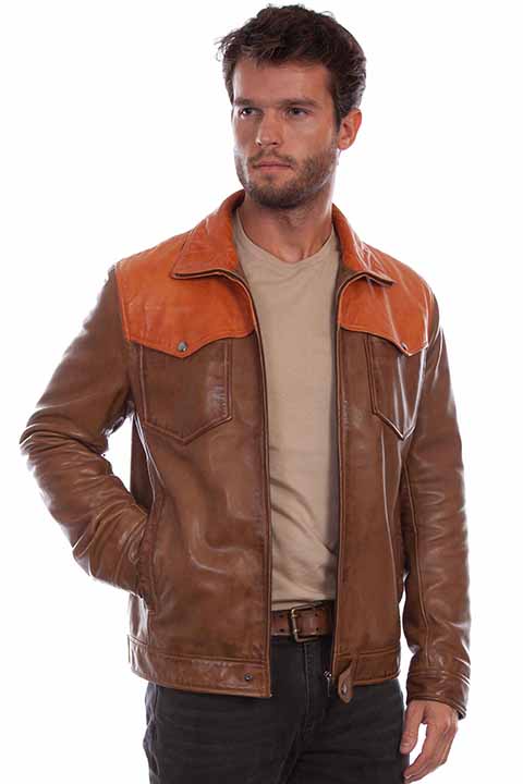 Scully Men's Color Block Leather Jacket in Saddle Tan