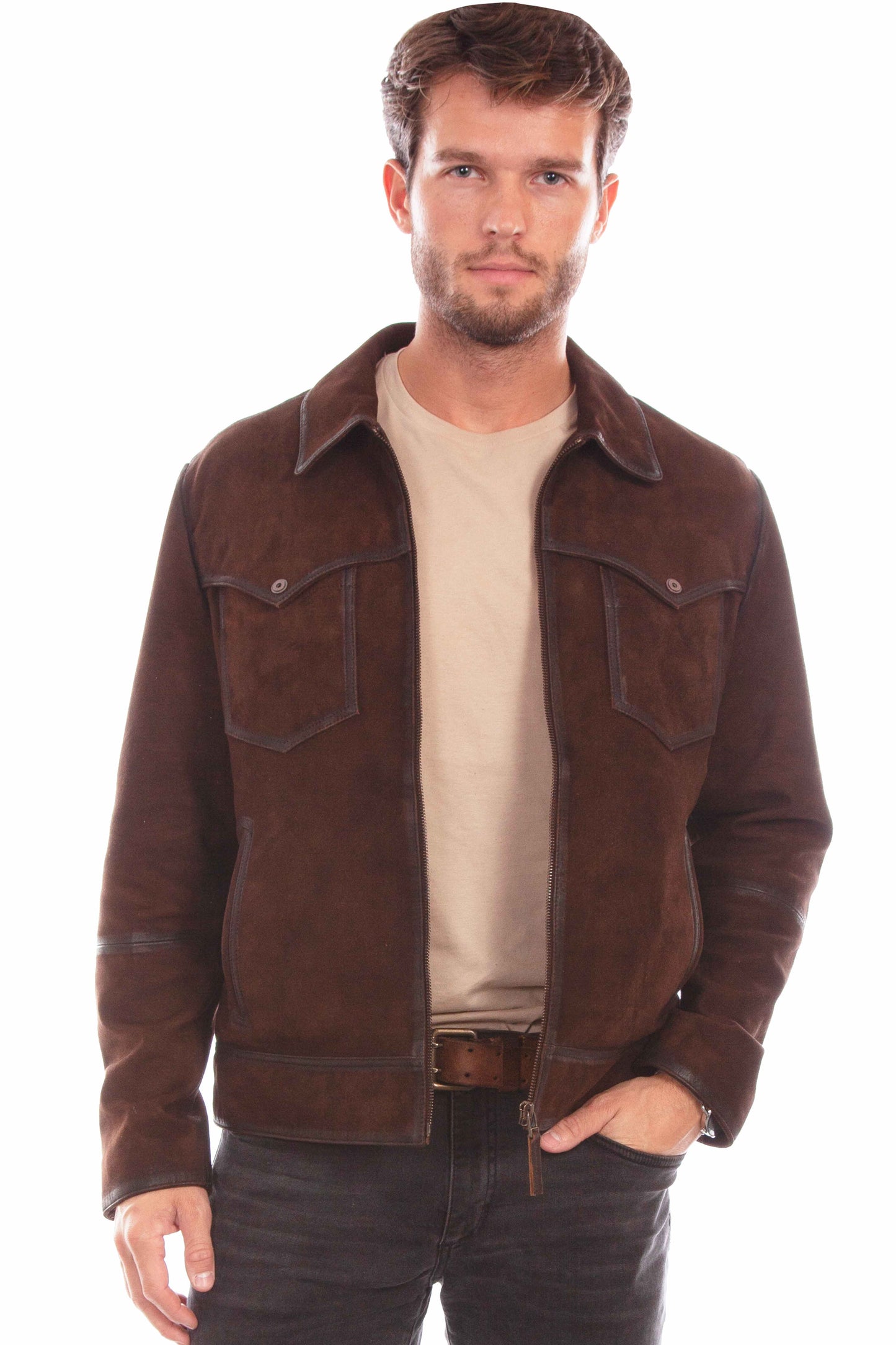 Scully Western Men's Suede Zip Darken Seams Jacket in Brown