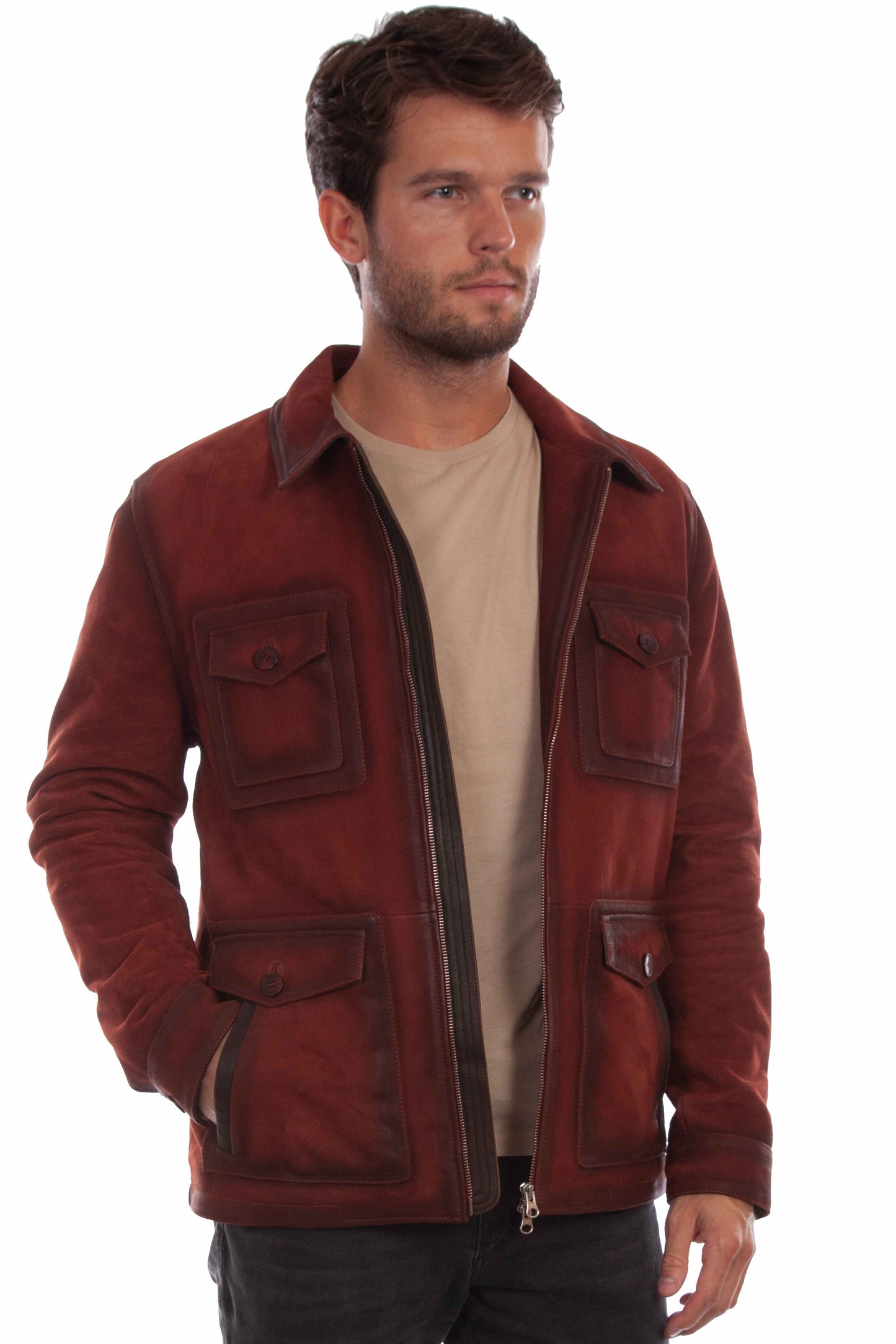 Scully Western Men's Suede Zip Darken Seams Jacket in Wine