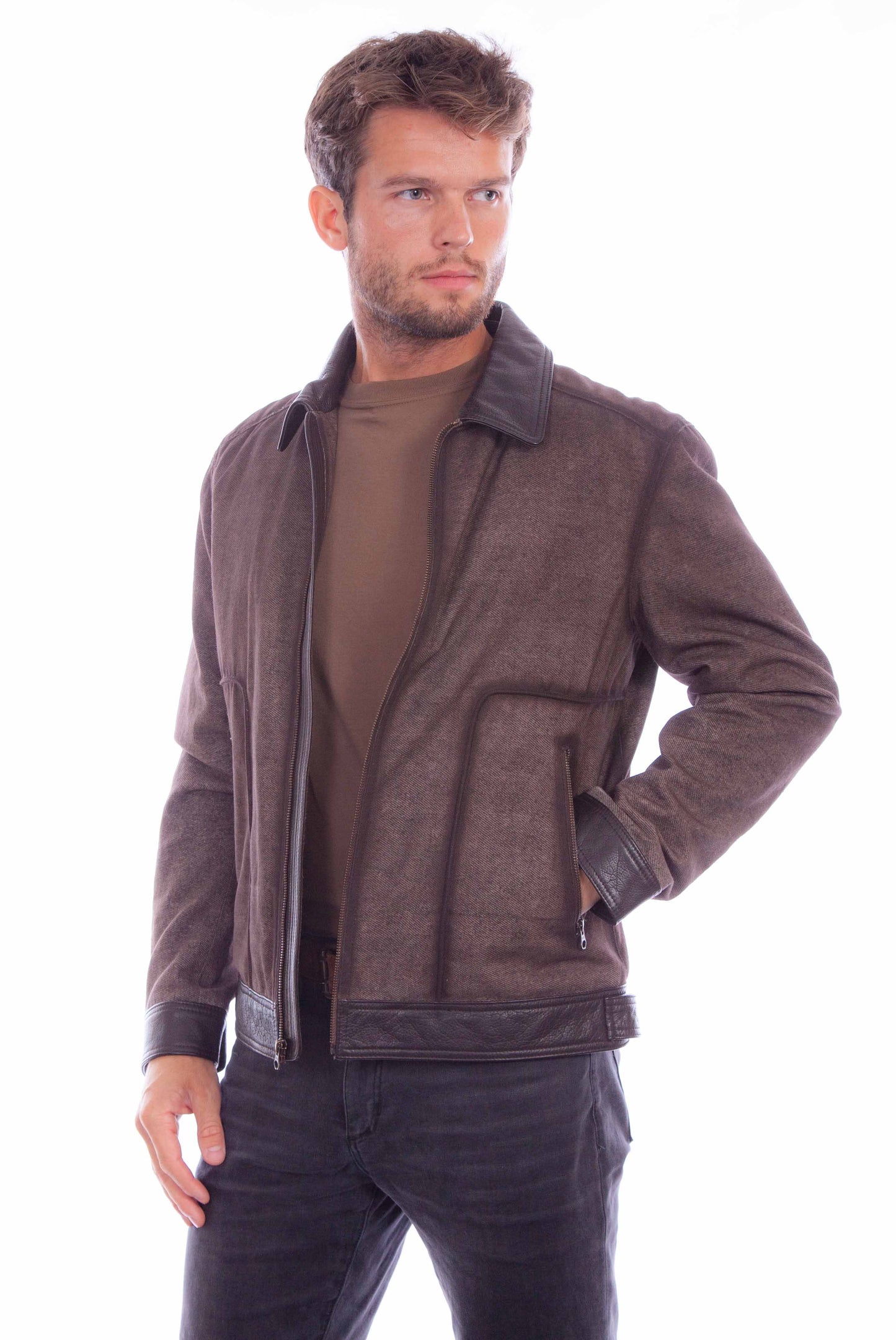 Scully Men's Modern Bomber Leather Jacket in Brown