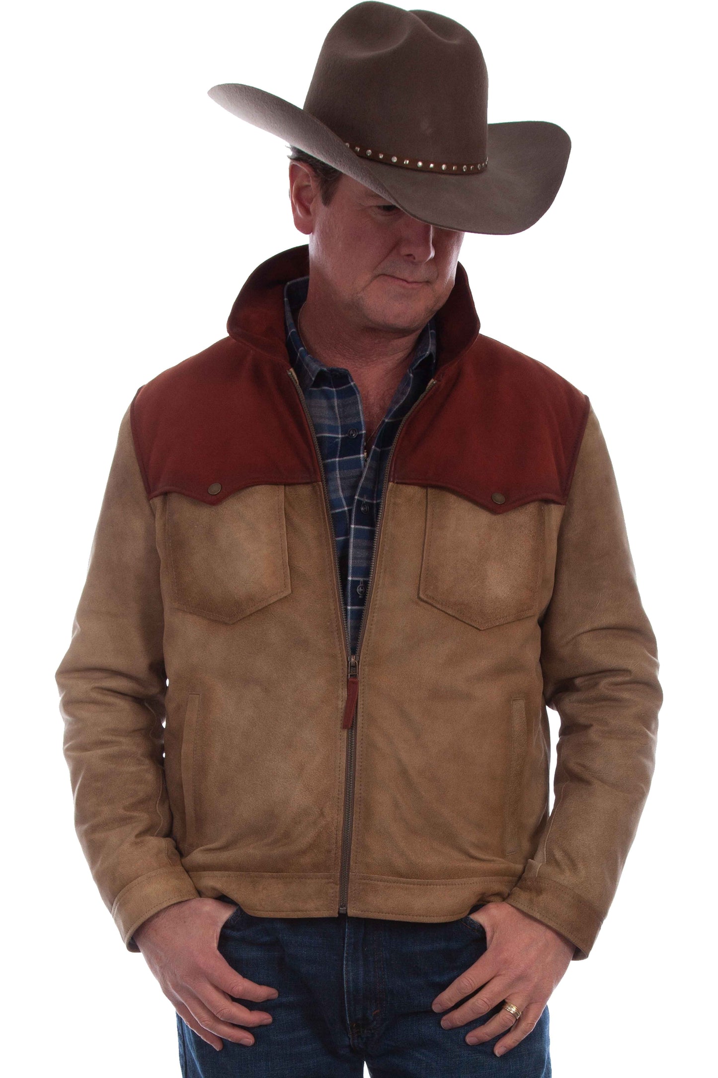 Scully Men's Burnished Suede Color Block Jacket in Tan