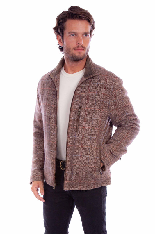 Scully Western Men's Zip Front Plaid Cotton Jacket in Brown