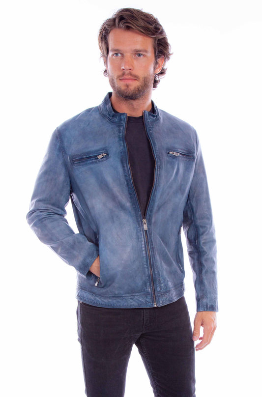 Scully Western Men's Leather Distressed Zip Jacket in Denim