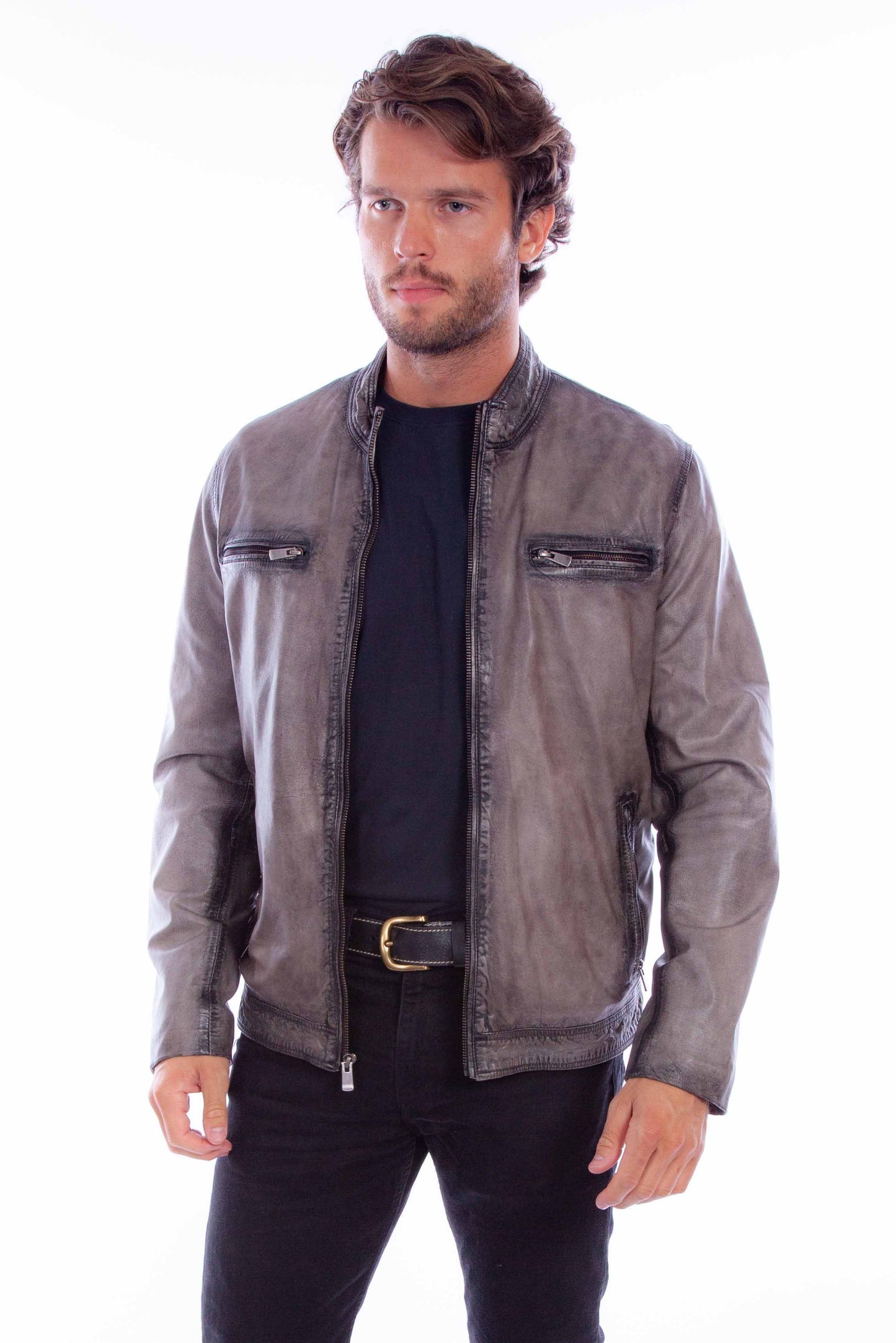 Scully Western Men's Leather Distressed Zip Front Gray Jacket in Grey