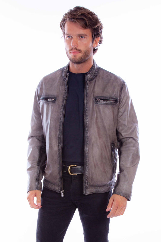 Scully Western Men's Leather Distressed Zip Front Gray Jacket in Grey
