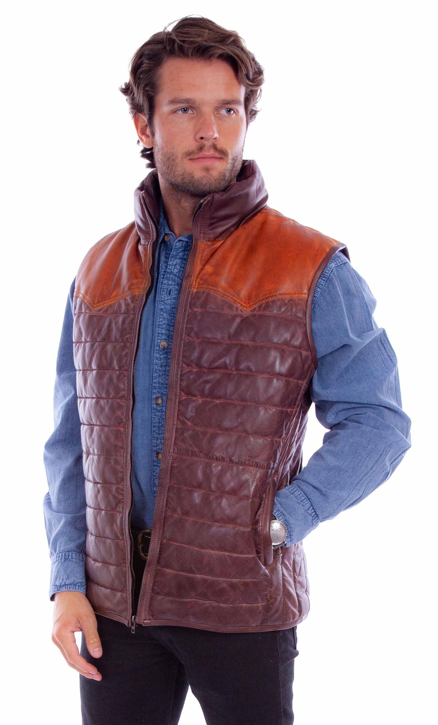 Scully Western Men's Leather Zip Smooth Yoke Vest in Brown