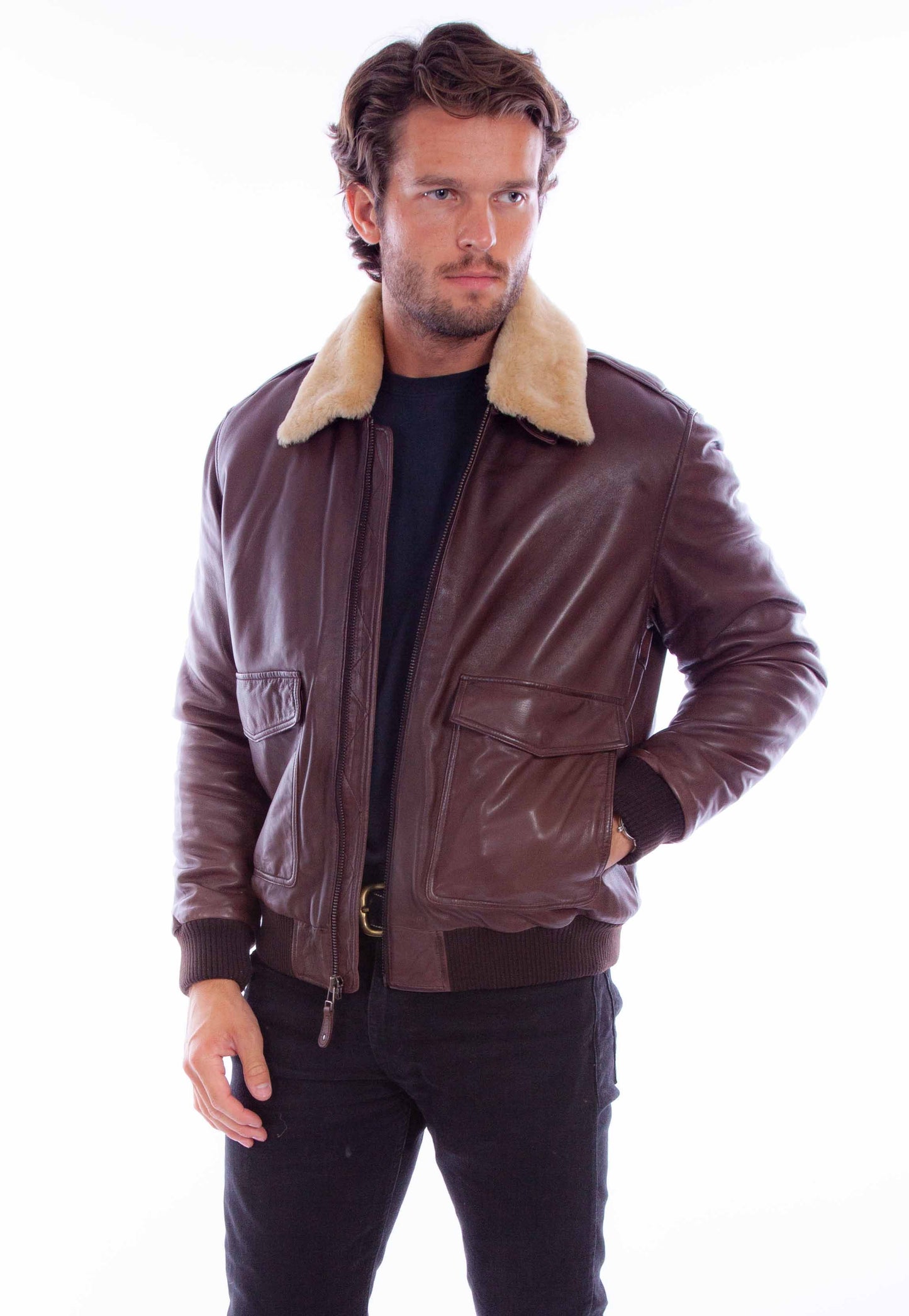 Scully Western Men's Zip Front Leather Bomber Jacket in Brown