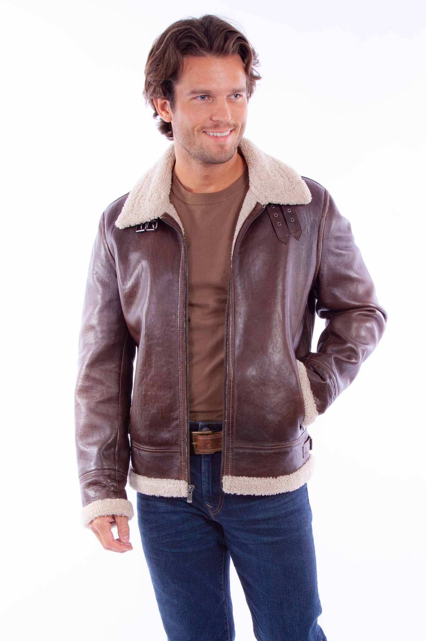 Scully Men's Sherpa Lined Leather Jacket in Chocolate