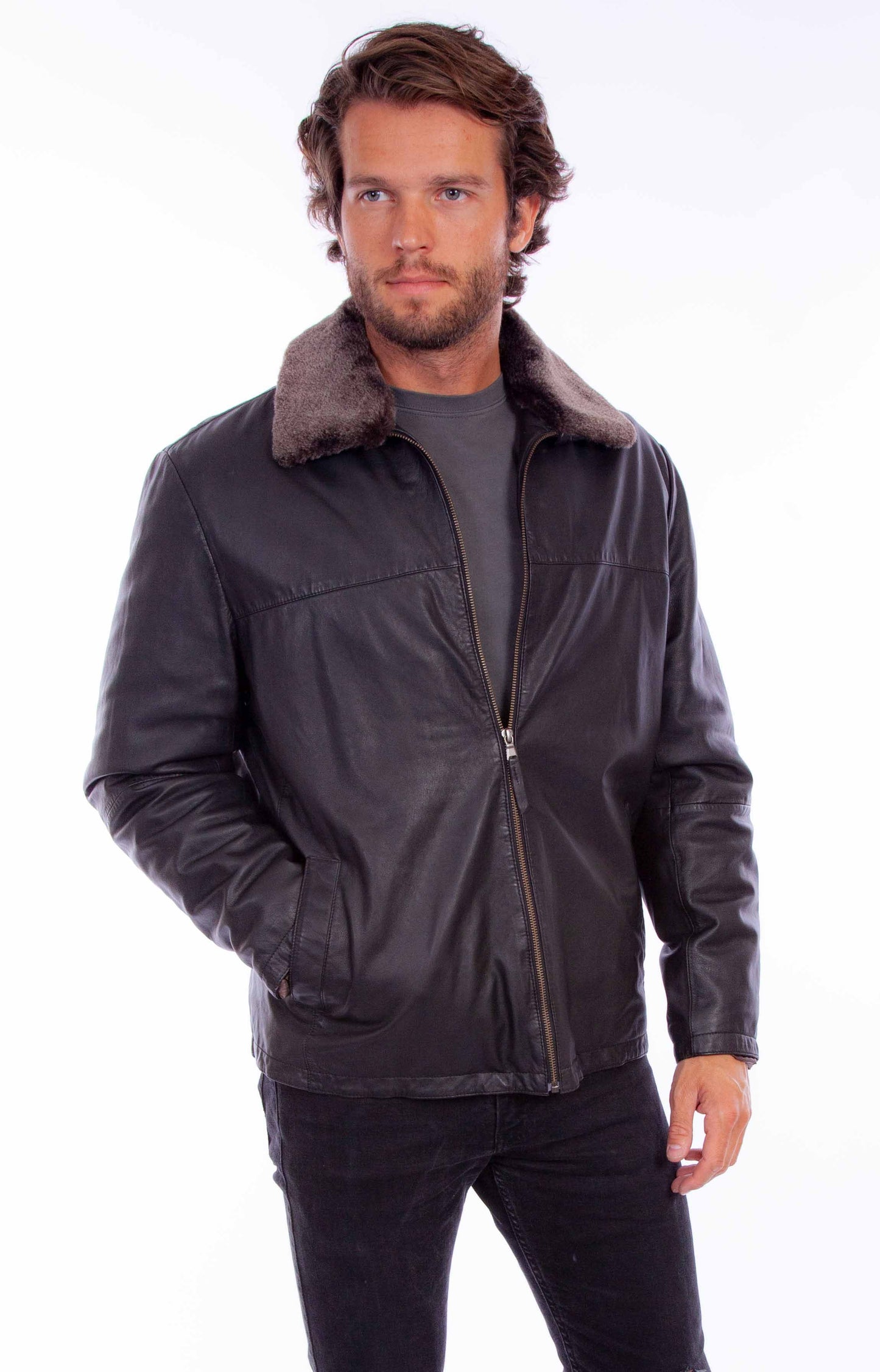 Scully Men's Leather Fur Collar Jacket in Black