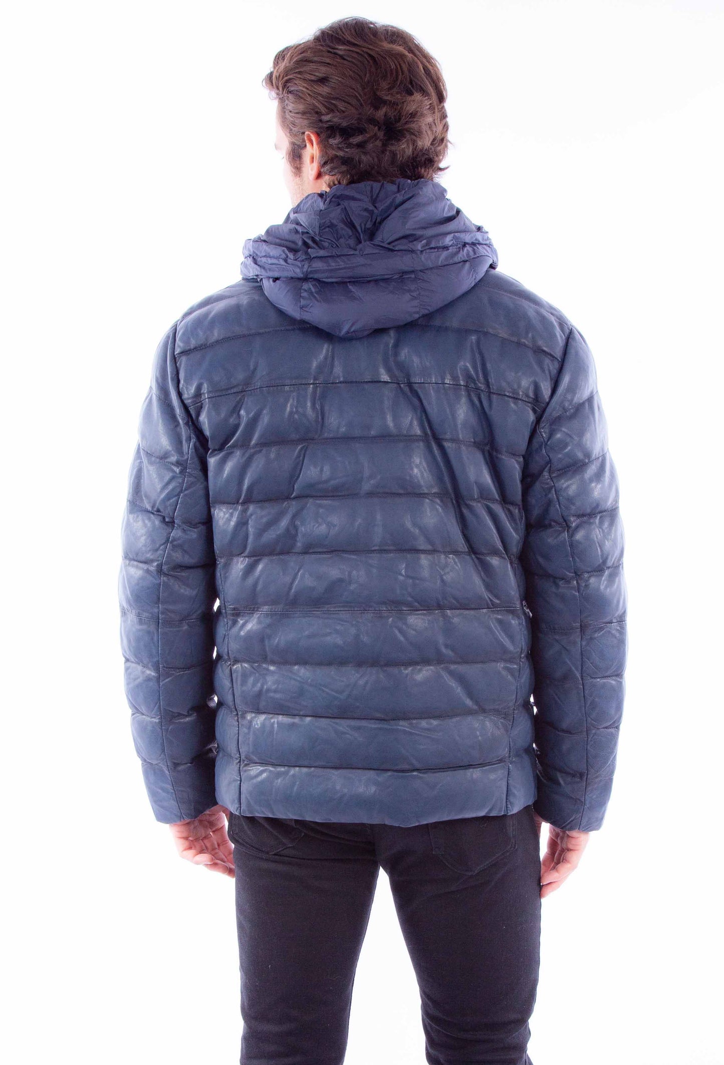 Scully Men's Hooded Puffer Leather Insulated Jacket in Blue