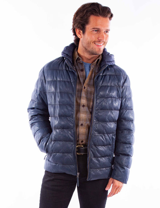 Scully Men's Hooded Puffer Leather Insulated Jacket in Blue