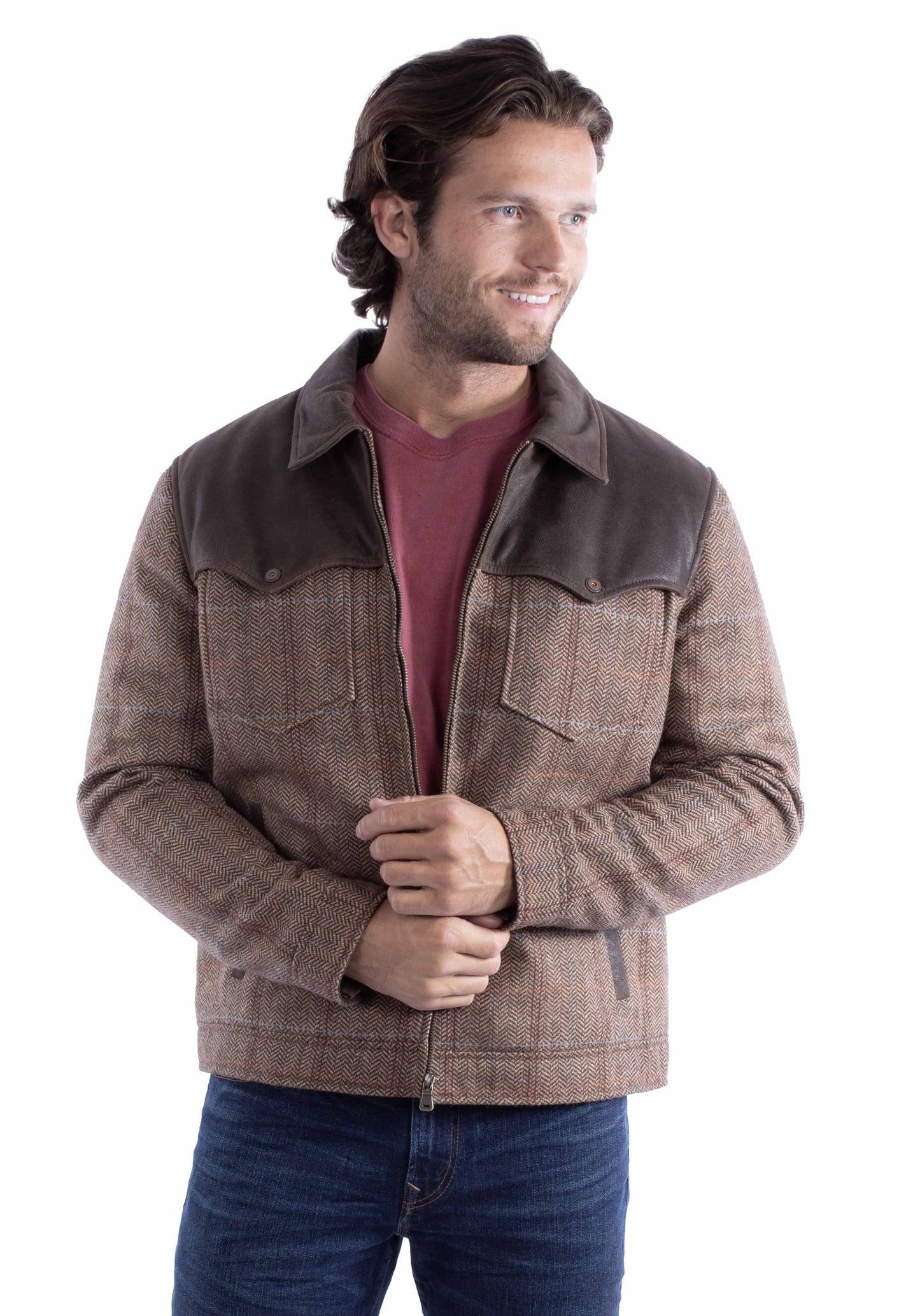 Scully Men's Refined Herringbone Leather Jacket in Brown