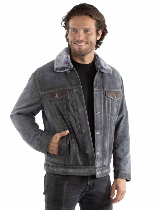 Scully Western Men's Jean Leather Button Front Jacket in Blue