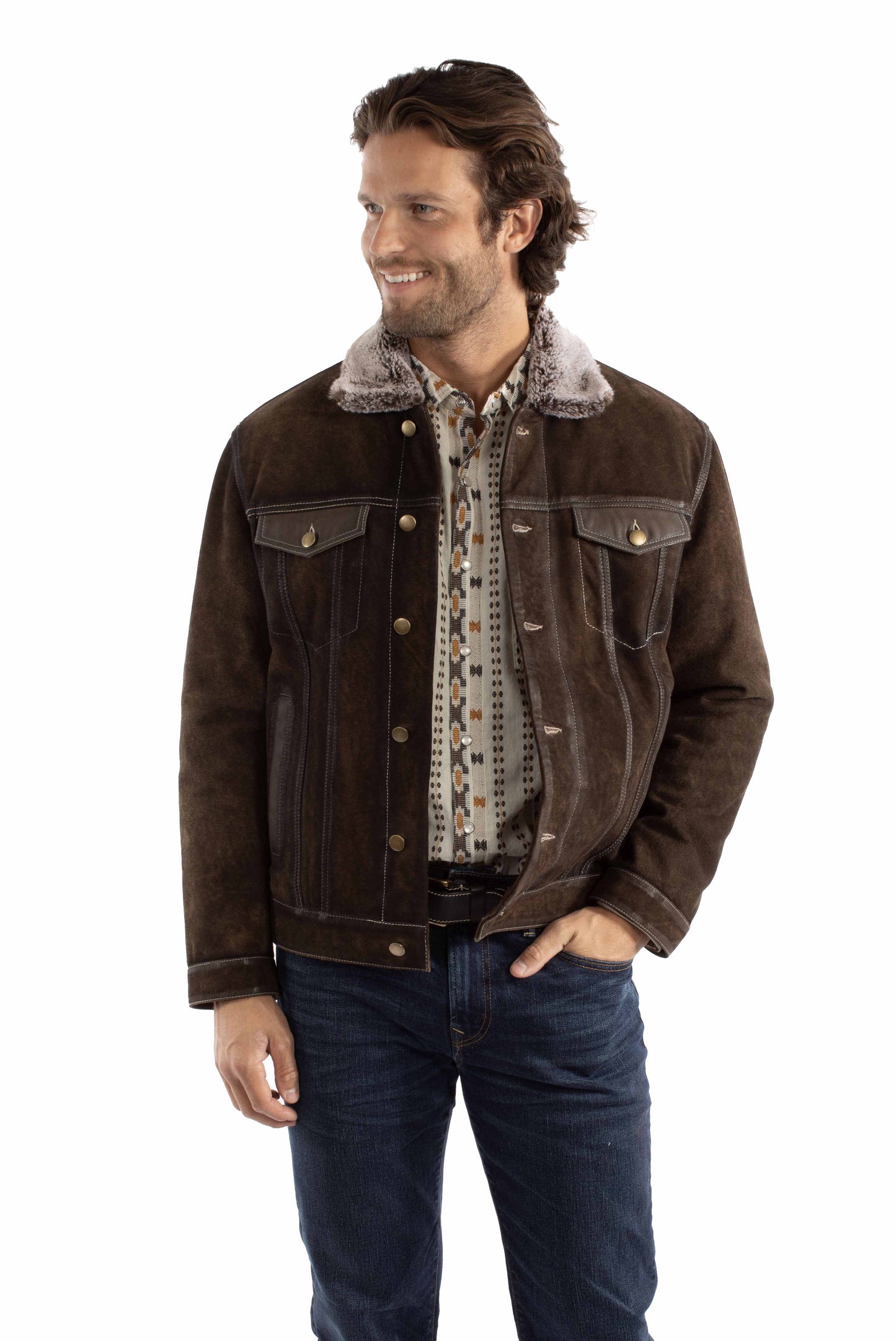 Scully Western Men's Sherpa Lined Leather Jean Jacket in Chocolate