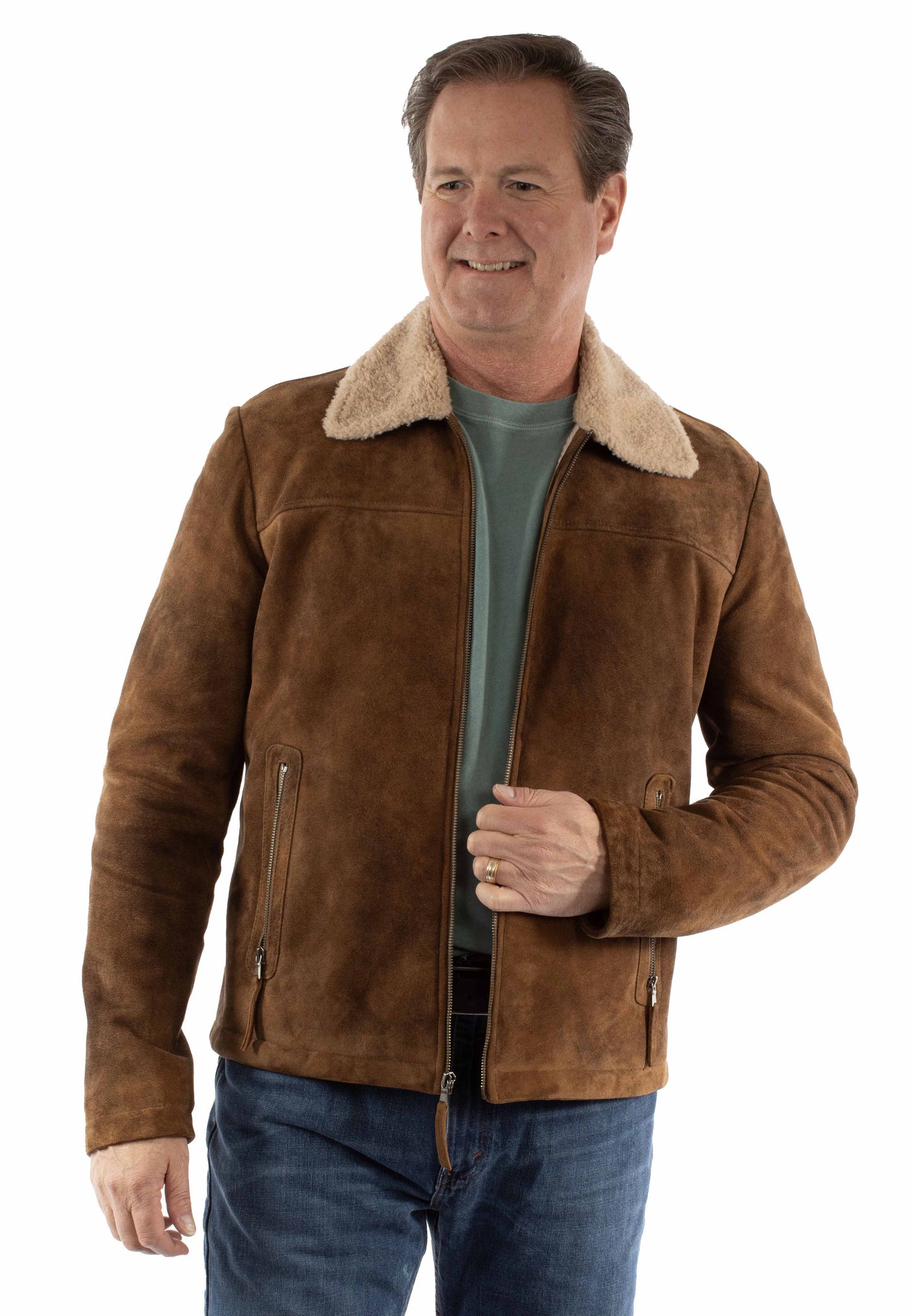 Scully Men's Sherpa Lined Leather Zip Jacket in Brown