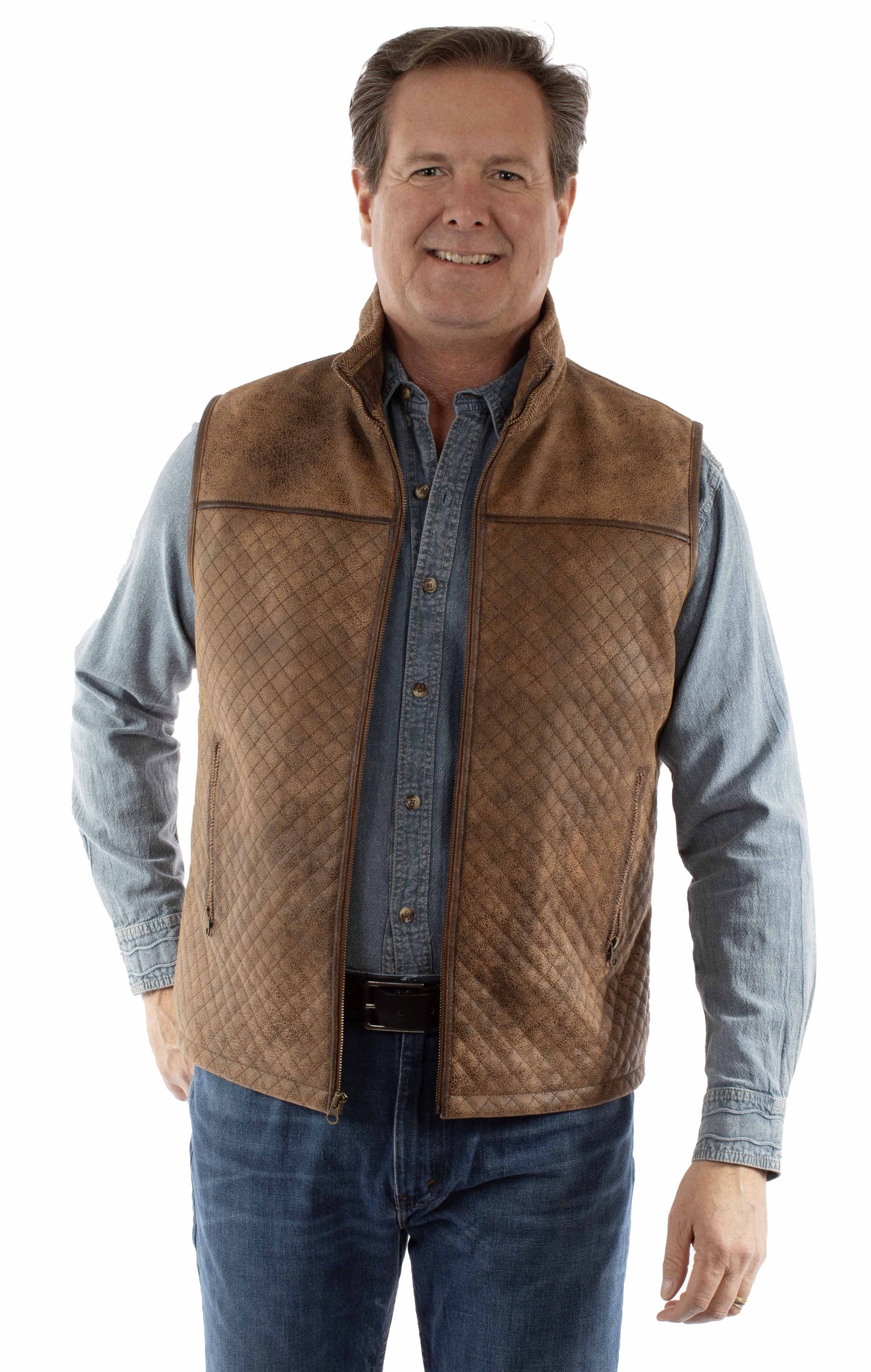 Scully Western Men's Quilted Leather Herringbone Vest in Brown