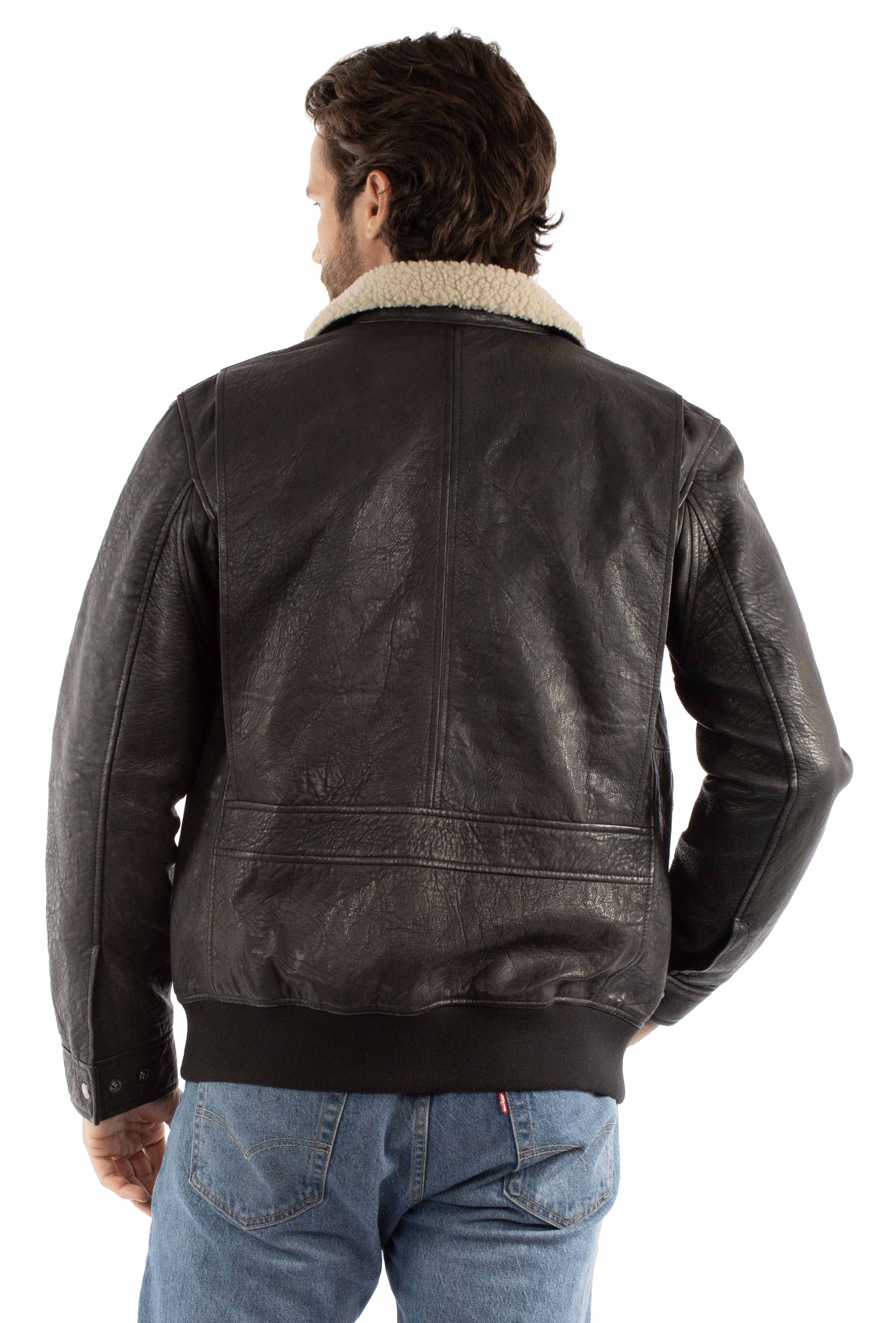 Scully Men's Sherpa Collar Leather Bomber Jacket in Rugged Black