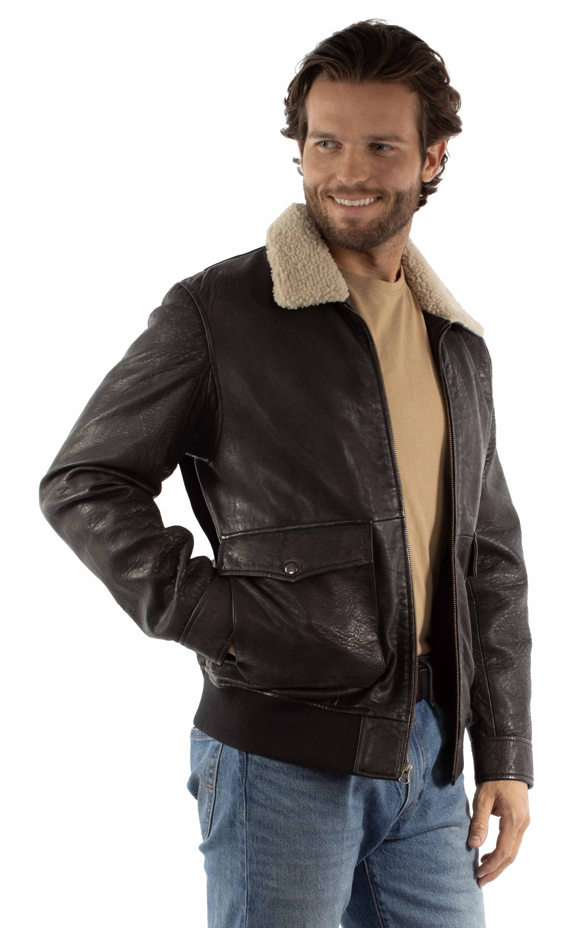 Scully Men's Sherpa Collar Leather Bomber Jacket in Rugged Black