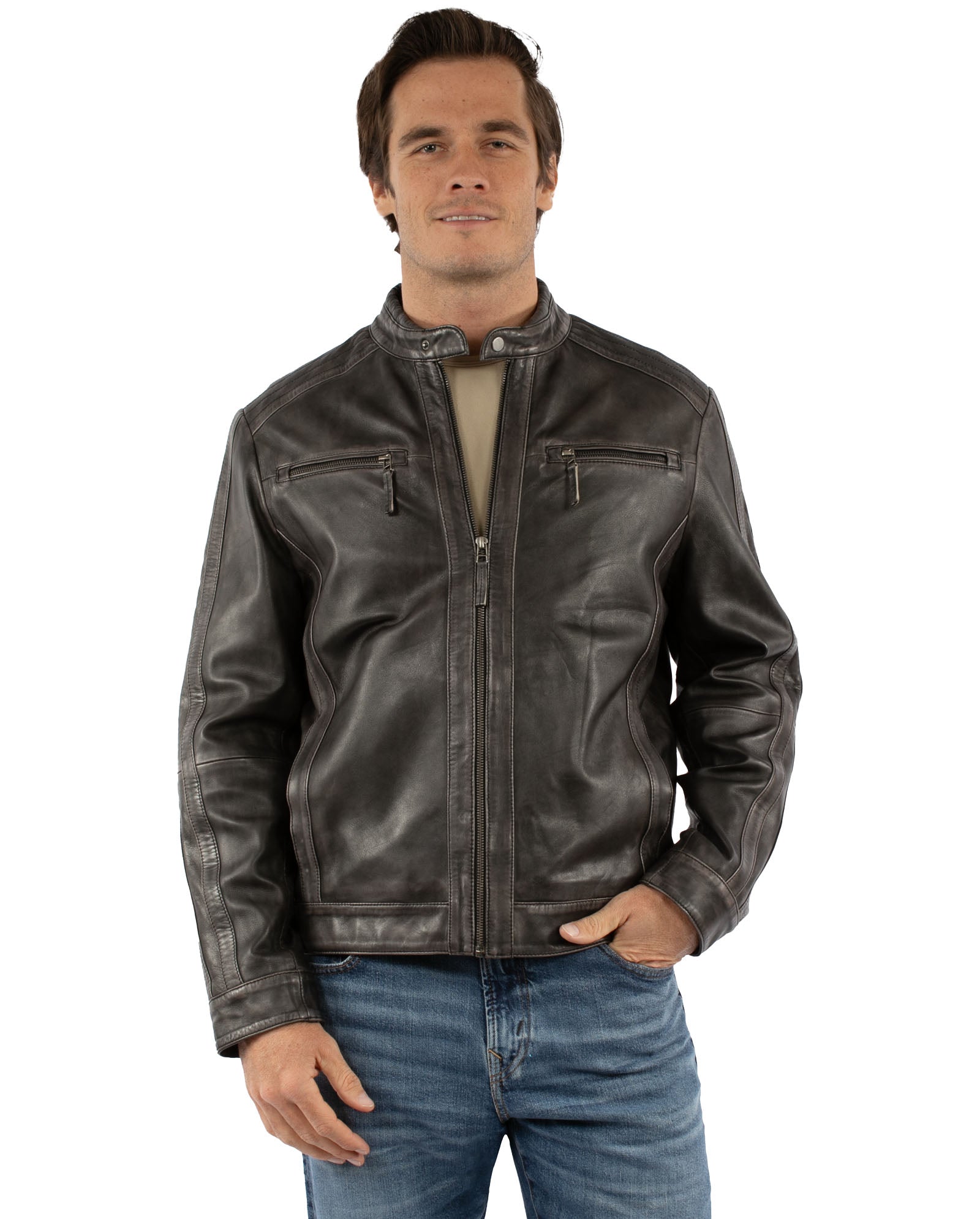 Scully Western Men's Leather Zip Collar Jacket in Vintage Black