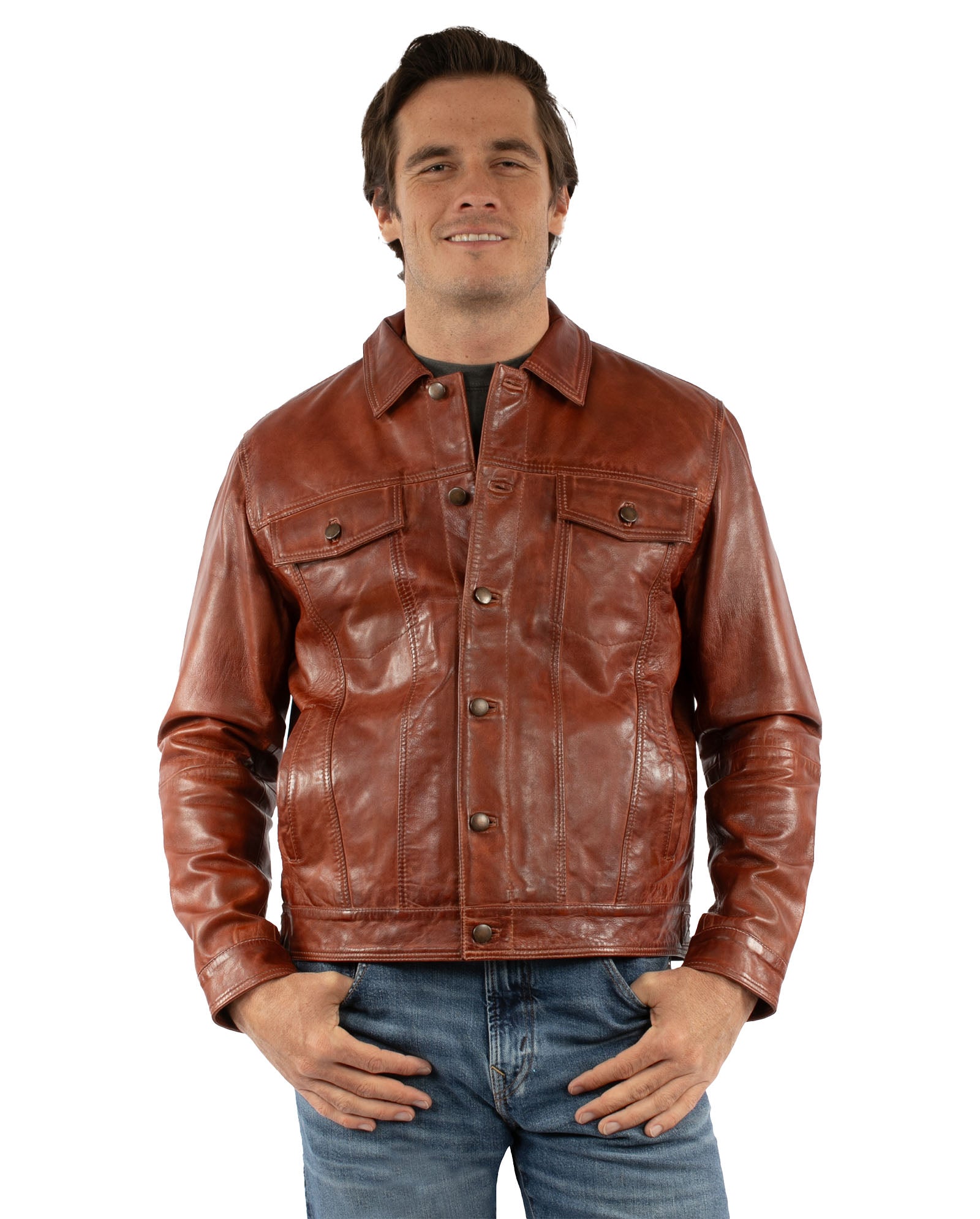Scully Men's Leather Trucker Jacket in Cognac