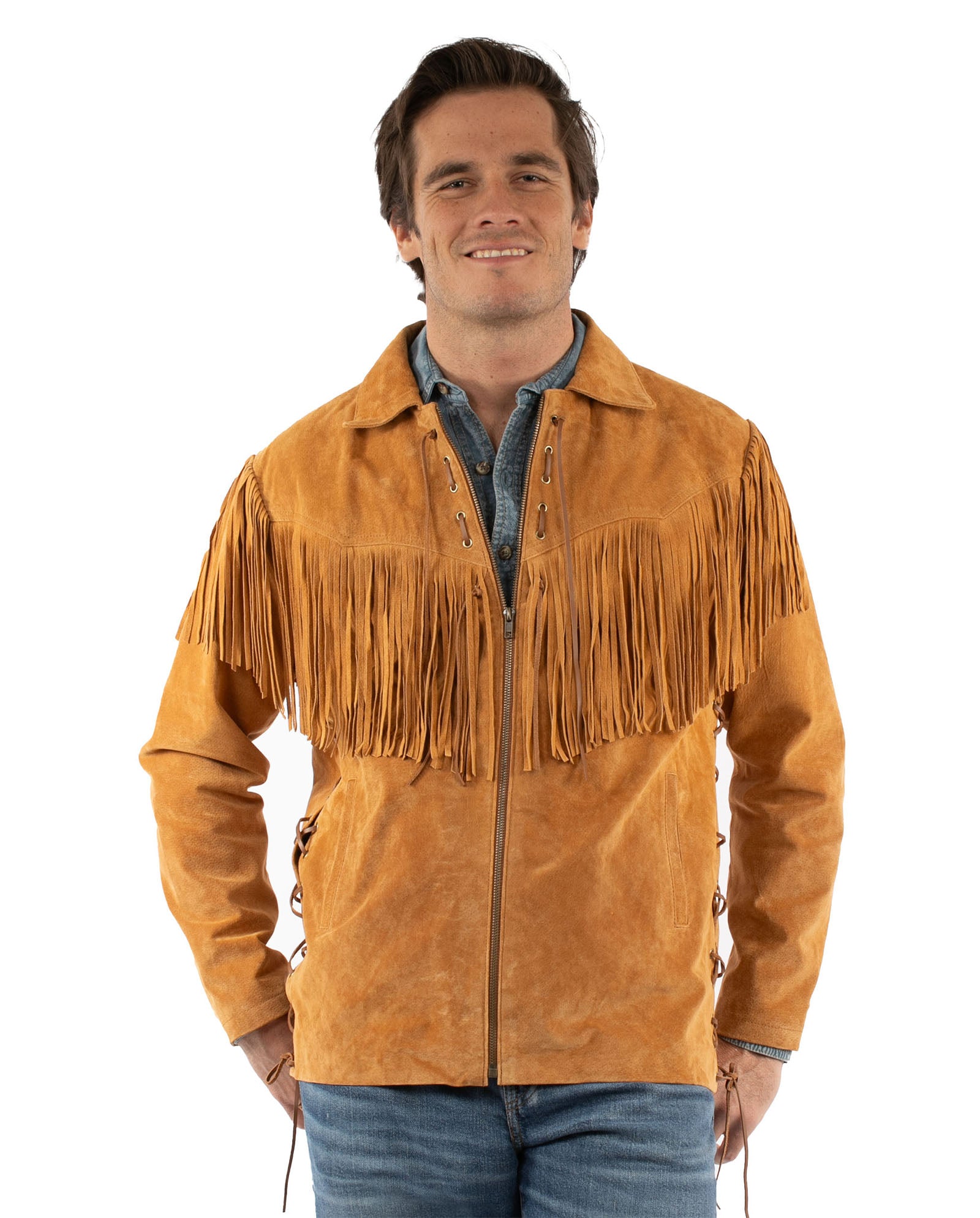Scully Men's Rugged Fringe Leather Jacket in Bourbon Boar Suede