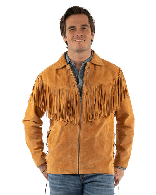 Scully Men's Rugged Fringe Leather Jacket in Bourbon Boar Suede