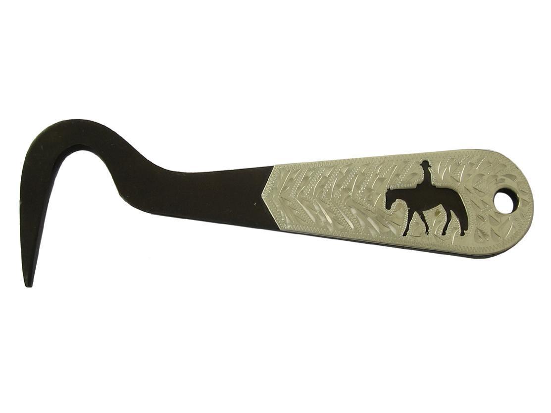 Horse hoof pick with a black handle and decorative metal head on a white background