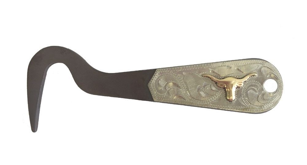 Decorative hoof pick with a metallic handle featuring a bull emblem on a white background