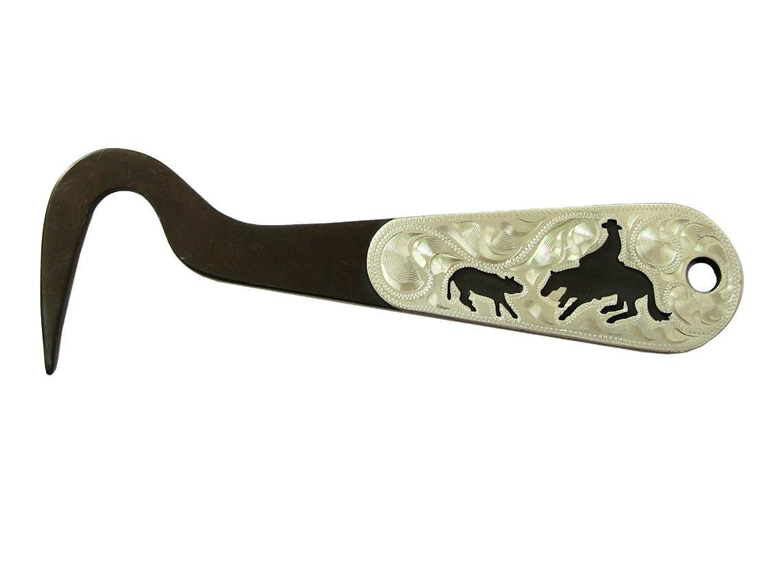 Decorative hoof pick with engraved design on a white background