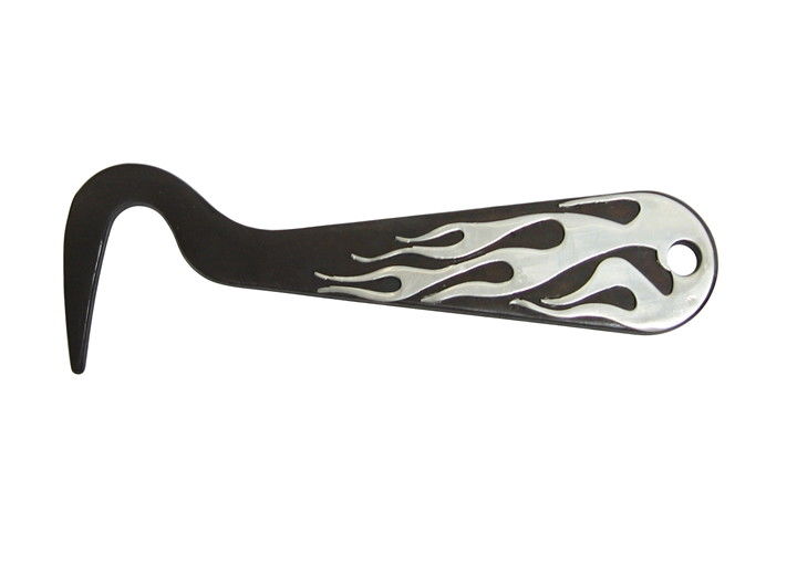 Black and silver flame-patterned hoof pick on a white background