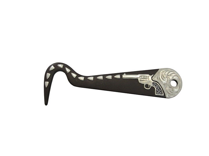 Decorative hoof pick with black handle and silver blade on a white background