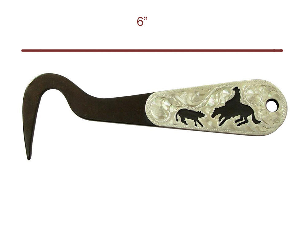 Decorative hoof pick tool with engraved designs on a white background